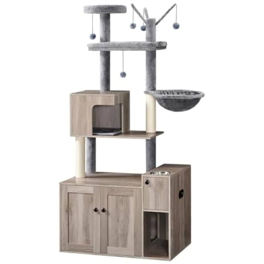 Tiragraffi per Gatti con Box Lettiera Integrato 68.9 H, Torre per Gatti con Ciotola Cibo e Contenitore Nascosto, Mobile All-in-One