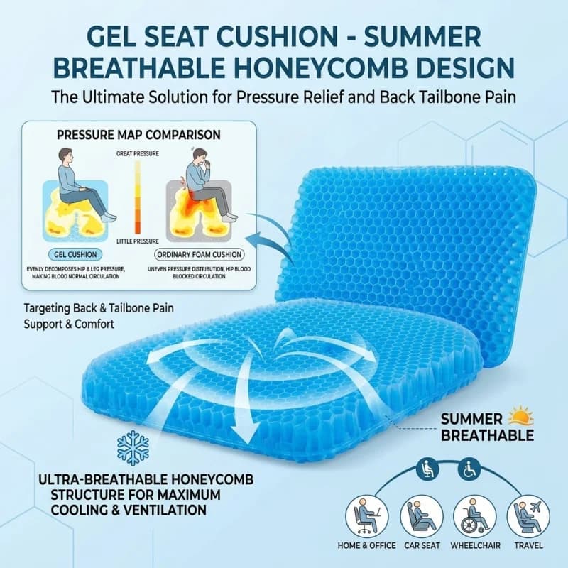 Cuscino ergonomico in gel a nido d'ape per alleviare il dolore al coccyx, per sedia a rotelle, auto e sedia da ufficio