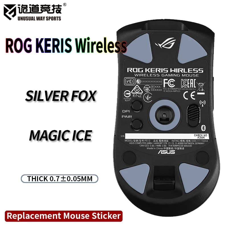 InsolitoWaySports Mouse Pattini Piedi ASUS ROG Keris Superficie ribaltabile wireless PTFE Anti collasso Silver Fox Magic Ice