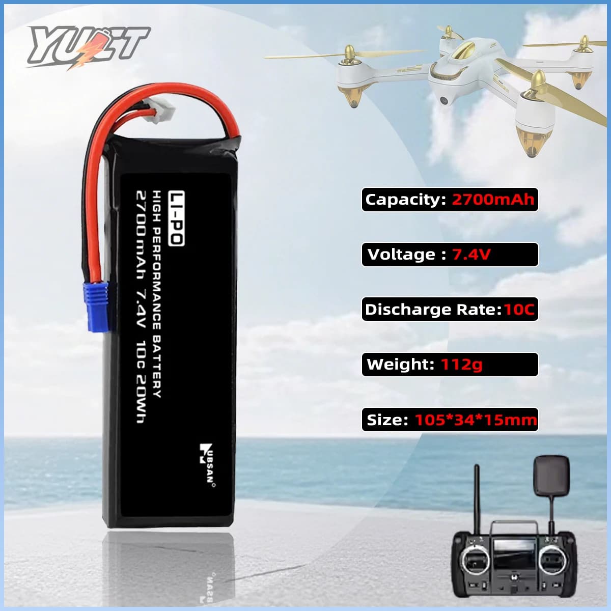 Battery LiPo YUCT 2700mAh 7,4V 2S for Hubsan H501S, H501C, X4 - with EC2 plug - Spare parts for drone accessories
