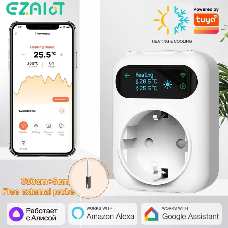 Tuya WIFI Termostato Digitale Presa 16A Output Spin Remote Temperature Regulator Timer Cooling Heating NTC 3M Sensor