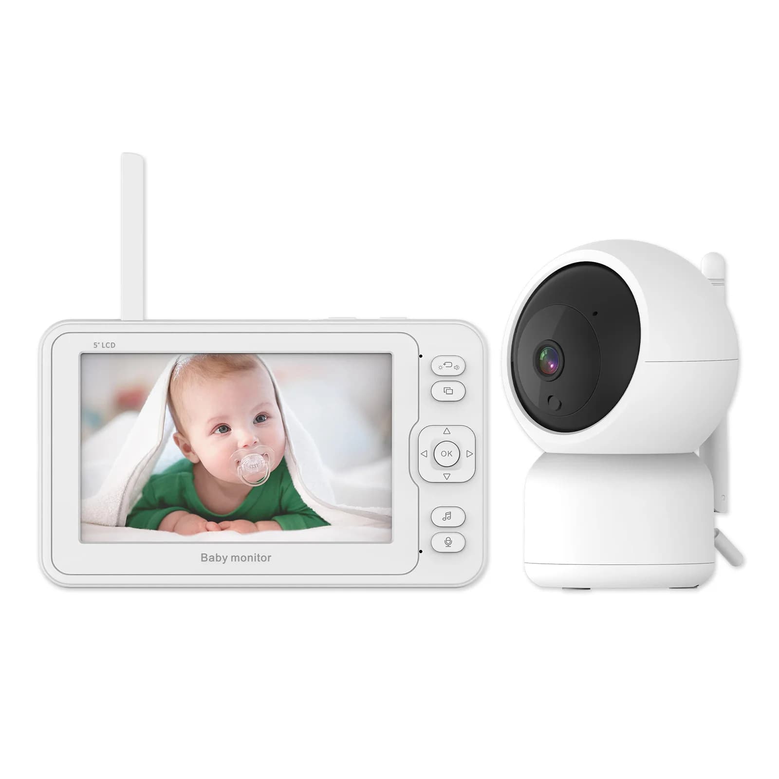 Baby monitor con schermo da 5 pollici Plug & Play Telecamera WiFi da 2 MP Rilevamento di pianto e temperatura Audio bidirezionale Ninna nanna