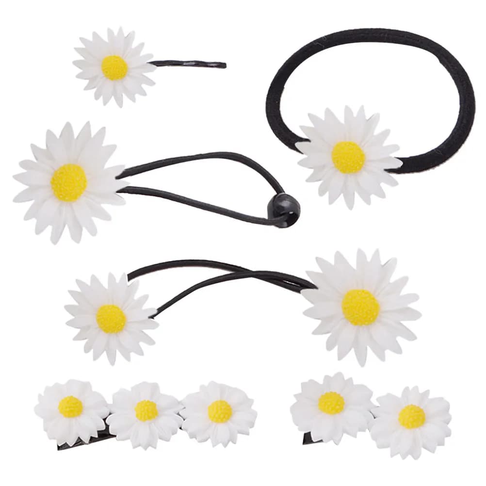 6Pcs Cute Daisy Flower Hair Decor Set Hairband Hair Rope Clip Simulation Flower Shape for Ladies Travel Festival Music