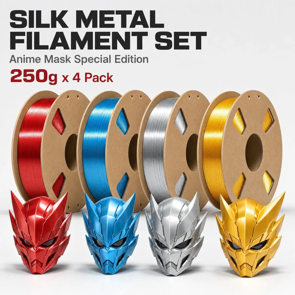 Silk Gold Silver Red Blue PLA 3D Printer Filament Bundle 1.75mm, 4 Spools 0.25KG Each, Free 3D Print Removal & Adhesive Tool