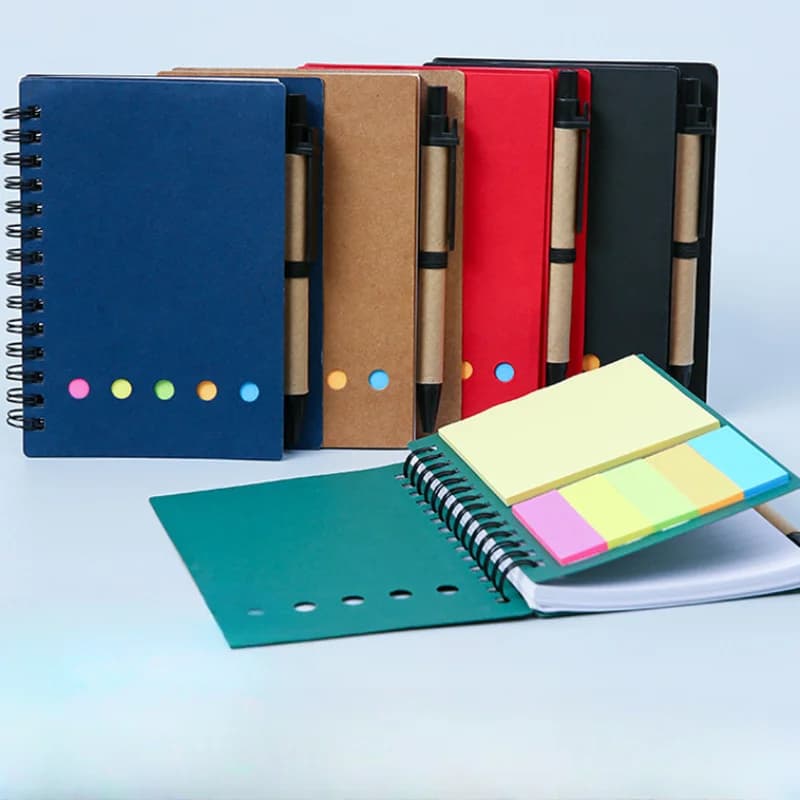 Spiral pocket notebook with pen holder, sticky notes, and colored index tags - Durable brown paper cover notebook Easy to carry