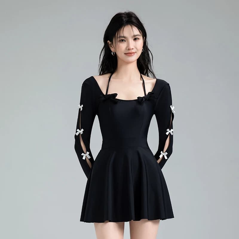 2025 Korean Tankini Swimsuits for Women 1 Piece Bowknot Bathing Suits Halter Long Sleeve Swimwear Padded Swim Dress Slimming