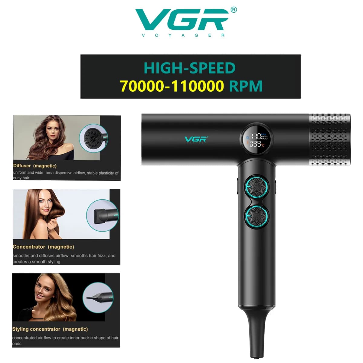 VGR Bestseller No Leaves Anions Hair dryer Best Professional Brushless Motor 110000 RPM Suitable for Salons Hot Sale Potent Hair dryer V-401