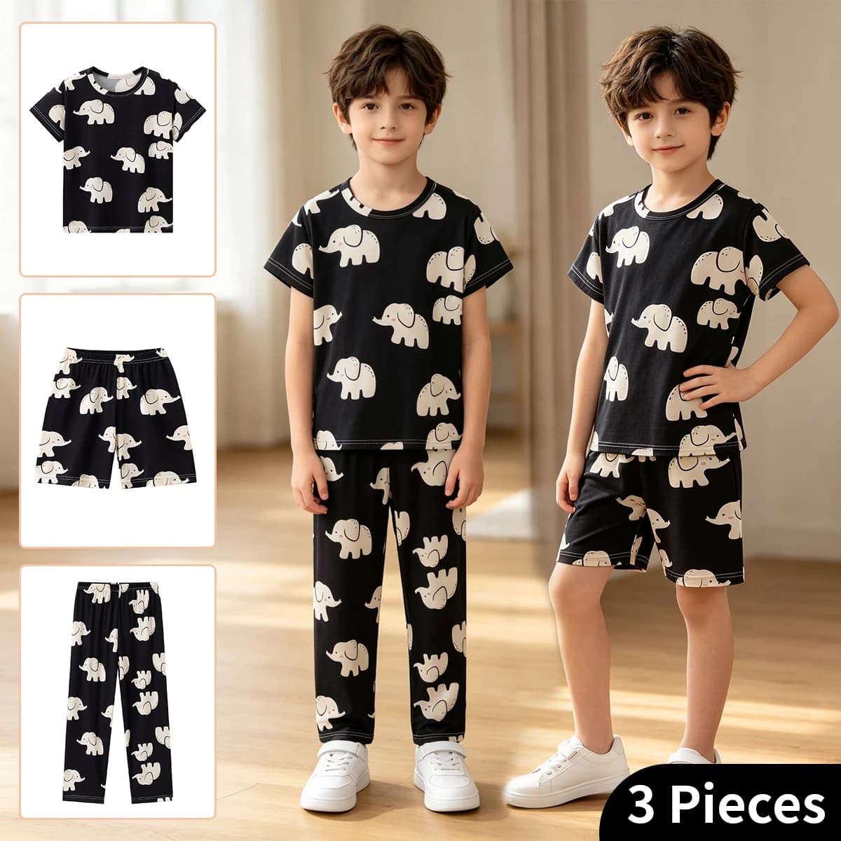 3-piece Children's Summer Cute Printed Home Set For Boys And Girls, Casual Short Sleeved Versatile Pants, Comfortable Shorts