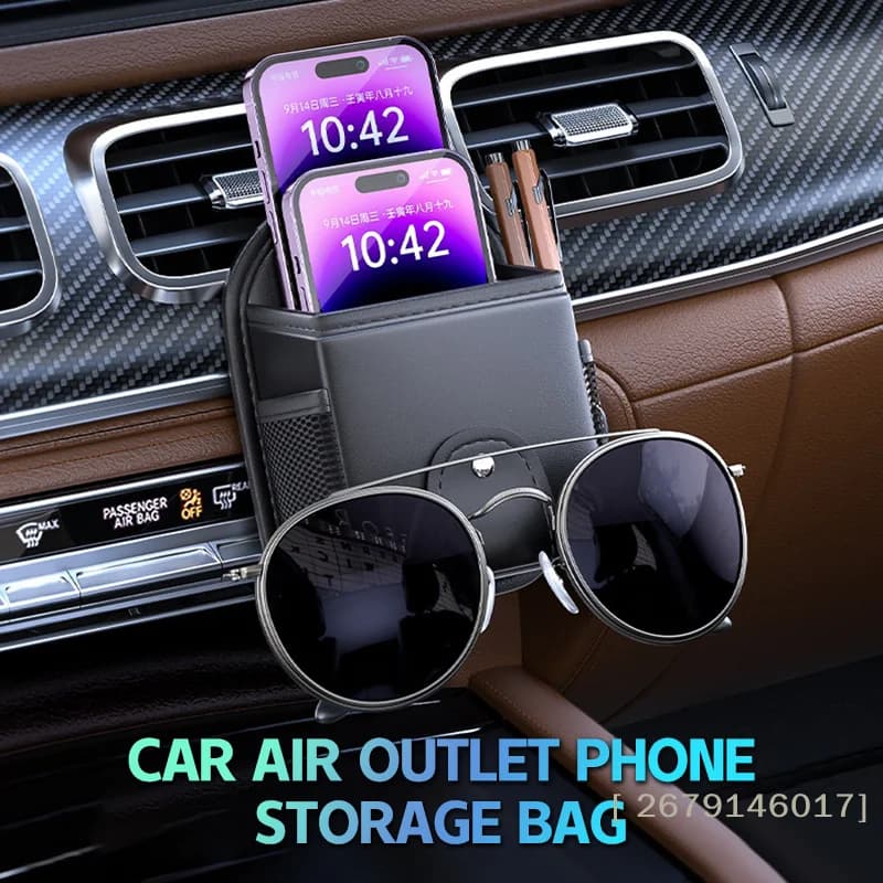 【YY26】Supporto per telefono da auto in pelle PU, da appendere alla presa d'aria, con vano portaoggetti, borsa porta telefono, organizer per chiavi, occhiali e detriti