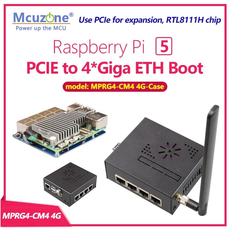 MPRG4-CM4 Mini and 4G case, startup Raspberry Pi 5 PCIE to 4xGiga Ethernet, free driver with RPi operating system and openwrt
