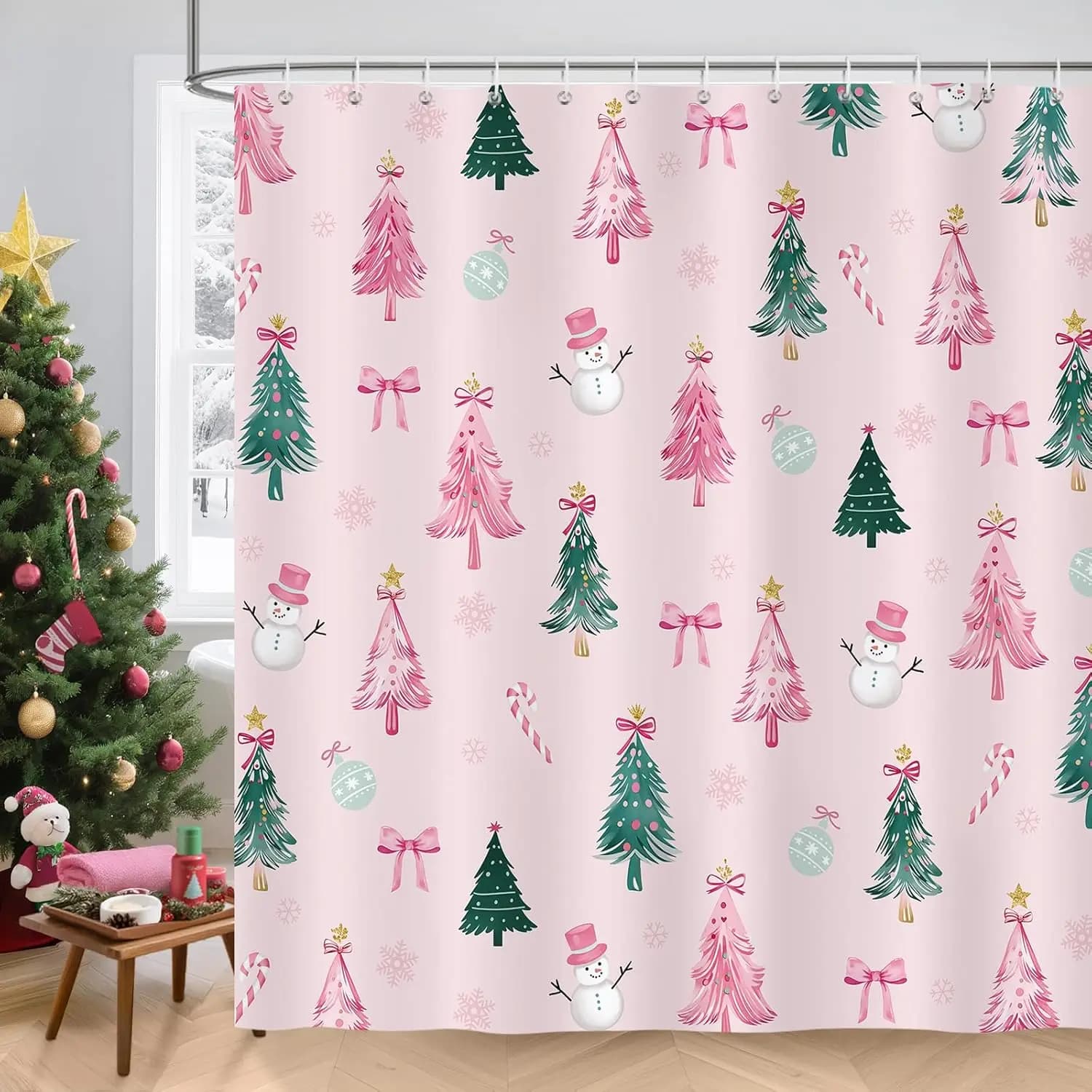 Tenda da doccia natalizia, rosa verde albero di Natale pupazzo di neve fiocco di neve carino tenda da doccia invernale per bagno impermeabile
