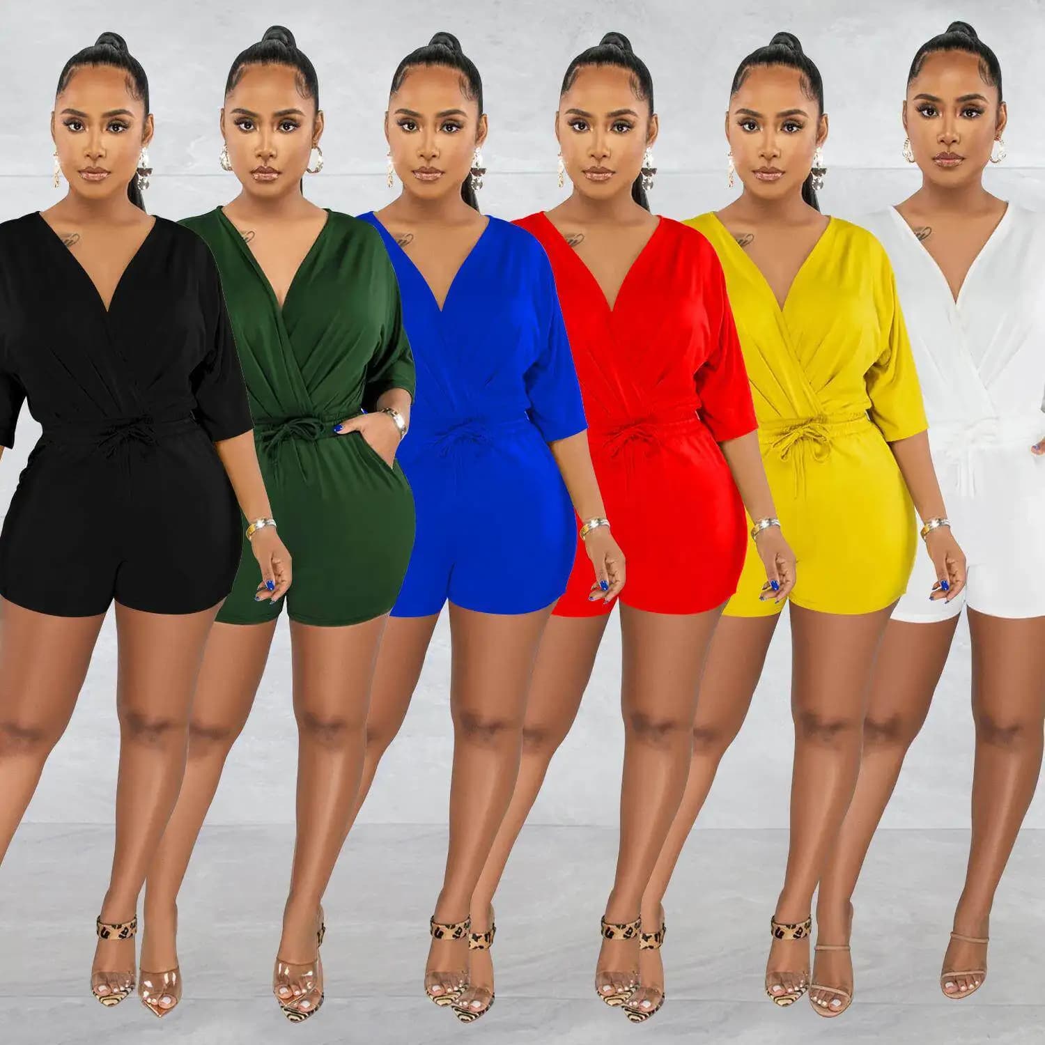 Fashionable V-neck Romper with Belt Mid-sleeve Shorts for Women Cross-border Shopping Autumn Season Seven-quarter Sleeve