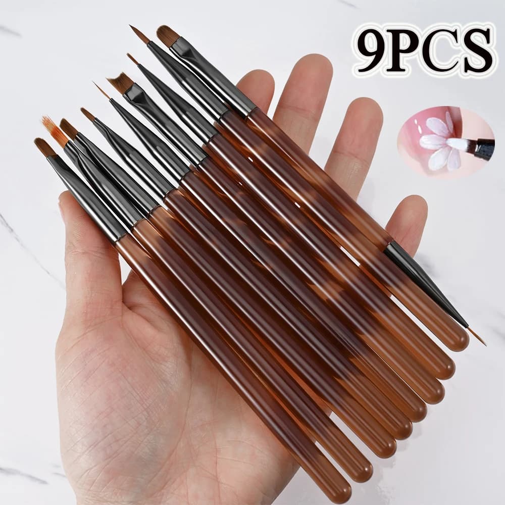 9PCS Set di pennelli per unghie in gel UV acrilico Set di pennelli per nail art fai da te Modello a strisce Kit di pennelli per pittura Estensione Disegno Penna per intaglio