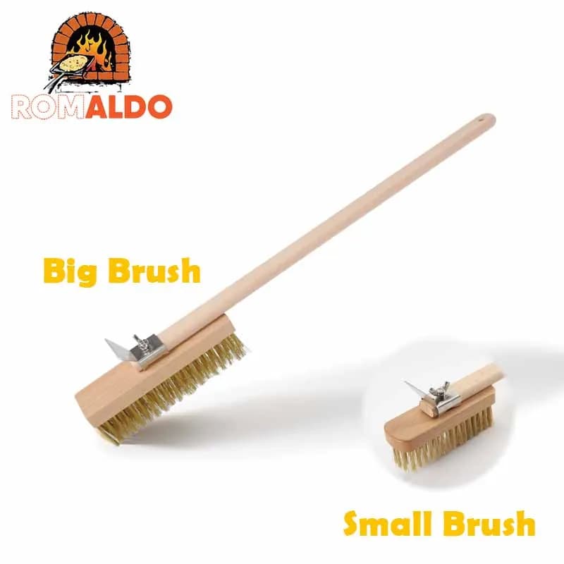 ROMALDO 2 Sizes Pizza Oven Brush with Stone Scraper Wooden Handle Brass Bristle Cleaner Outdoor Pizza Oven Accessories