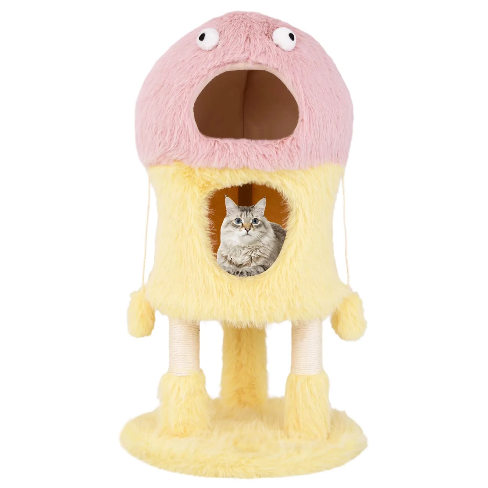 Albero per gatti a tema mostro con 2 cucce private e pali di sisal lunghi in peluche per grattare