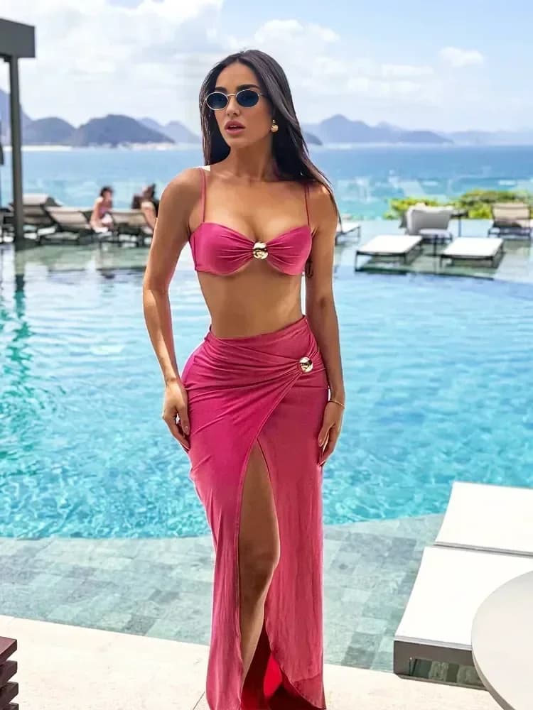 2025 Set bikini da donna a 3 pezzi Costumi da bagno con cinturino per spaghetti Costumi da bagno sexy con spacco alto Gonna lunga Costume da bagno Abbigliamento da vacanza K92