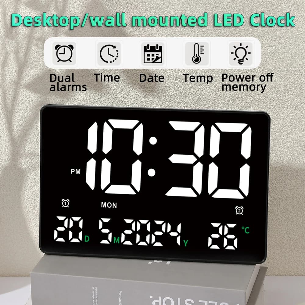 9 inch digital wall clock Date temperature display Double alarms 12/24 hours USB plug-in version LED table electronic alarm clock