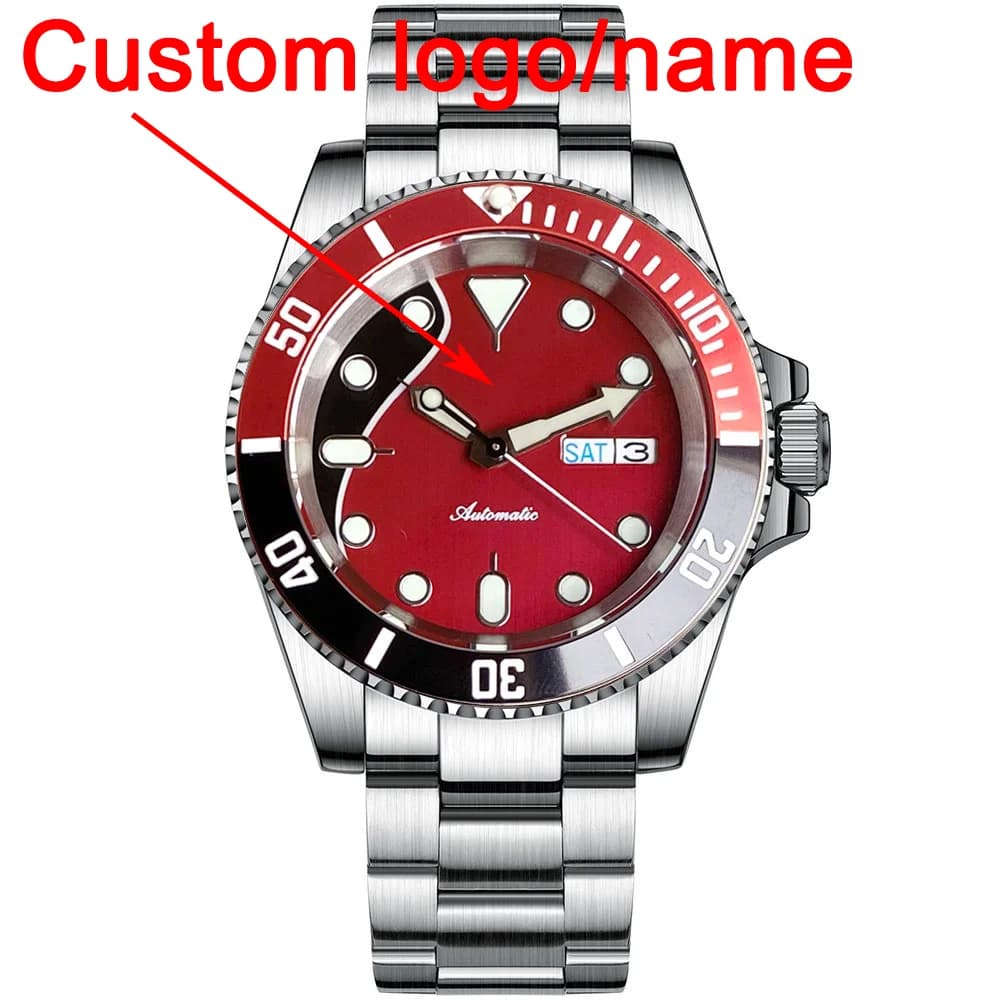 Customized mechanical watch 20ATM 40mm with Date and Day, NH36A movement, Red and Black dial, Lume, Sapphire crystal, 120 click insert