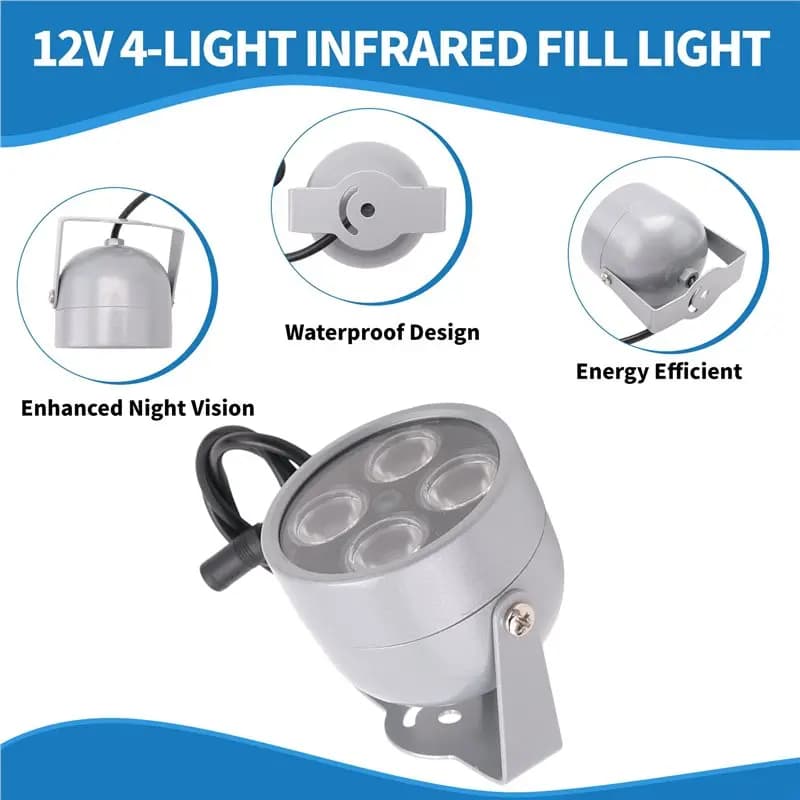 Illuminatore a infrarossi impermeabile a 4 LED per visione notturna, luce di riempimento IR 12V DC per telecamere di sicurezza - Essenziale per l'inverno