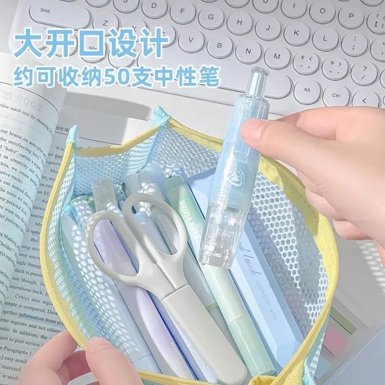 Double-layer Clear Mesh Pen Bag Fabric Portable Zipper Triangle Pouch Stationery Storage Case For School Students Supplies
