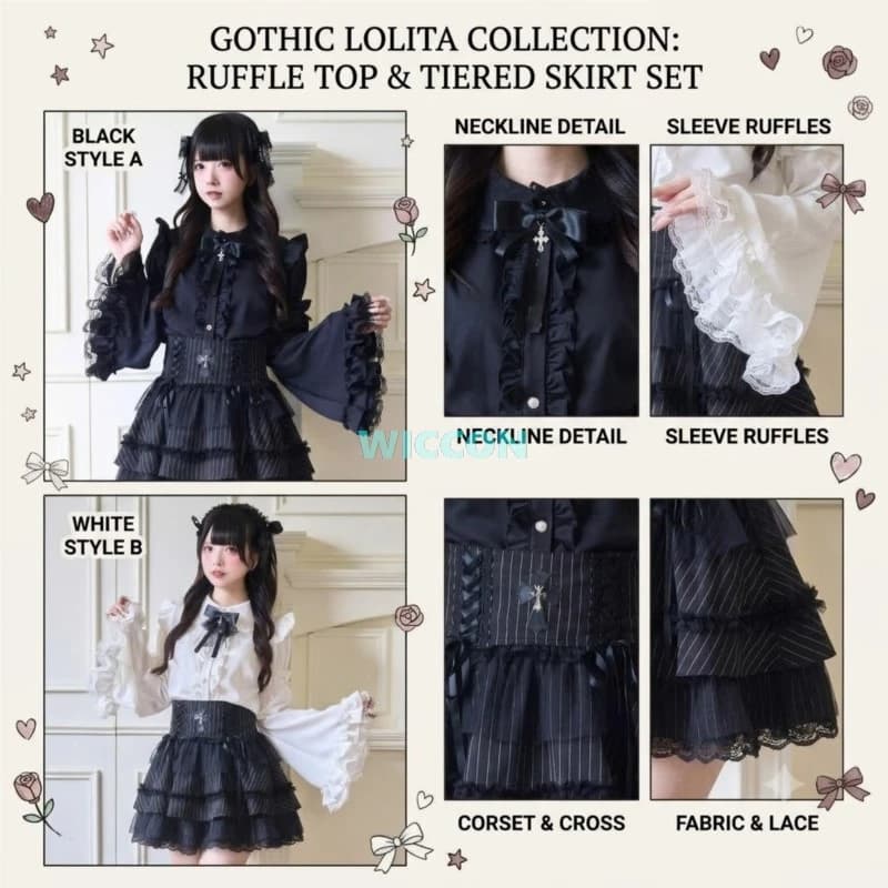 Kawaii Style Jirai Kei Princess Sleeves Bow Lace Blouse Gothic Lolita Dark Set Black High Waist Sweet Japanese Halloween Skirt