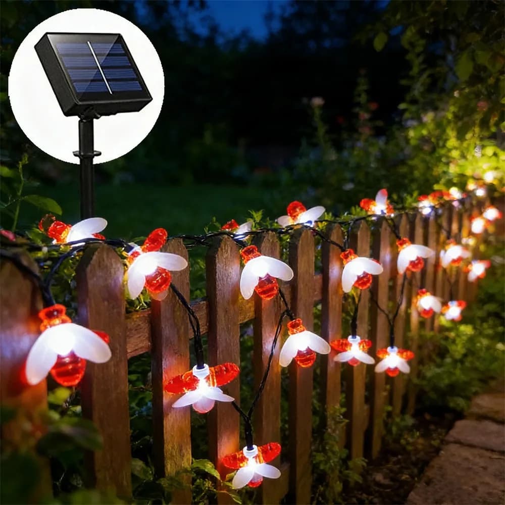 LED Cute Honey Bee String Light Fairy Garland for Wedding Outdoor Summer Yard Fence Holiday Home Decoration Solar Garden Lights