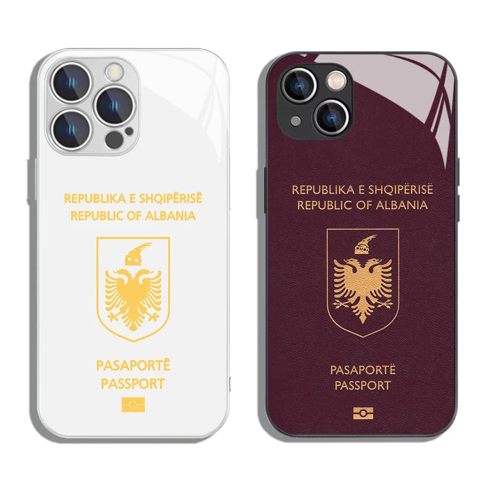 Custodia per telefono color metallizzato per passaporto albania per iPhone X XR XS 16 15 14 13 12 Mini 11 Pro Max 7 8 SE20 Plus Cover rigida in vetro