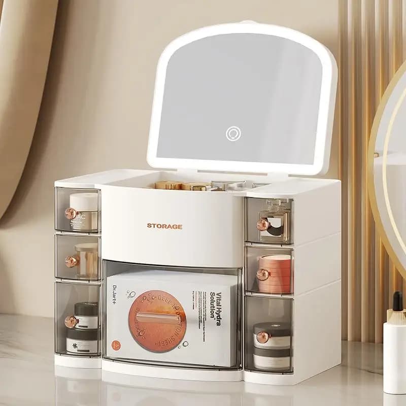 Scatola porta trucchi in plastica antipolvere con cassetti, organizer per rossetti e fondotinta, specchio da trucco illuminato da tavolo con lampada.
