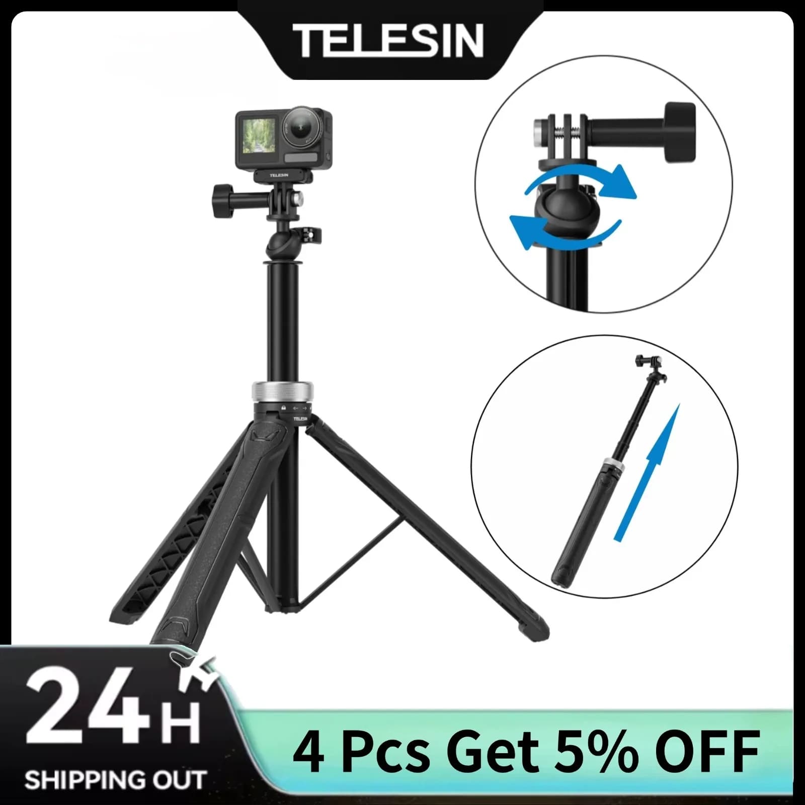 TELESIN 360 ° Treppiede girevole per selfie stick per Gopro Hero 13 12 11 10 9 8 7 DJI OSMO Action 5 Pro 4 3 Insta360 X5 X4 Ace Pro 2