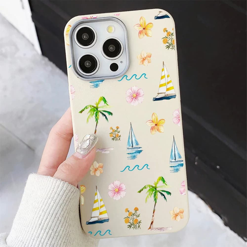 Tropical Sailboat Palm Tree Floral Print Phone Case For iPhone 17 16 15 14 13 12 11 Pro Max 16 15 14 8 Plus 17E 17Air X XR Cover