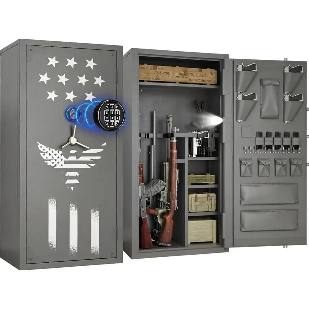 30-40 Capacity Gun Safe with Removable Shelves, Silent Operation, LED Lighting, and 180° Door Organizer (Grey)