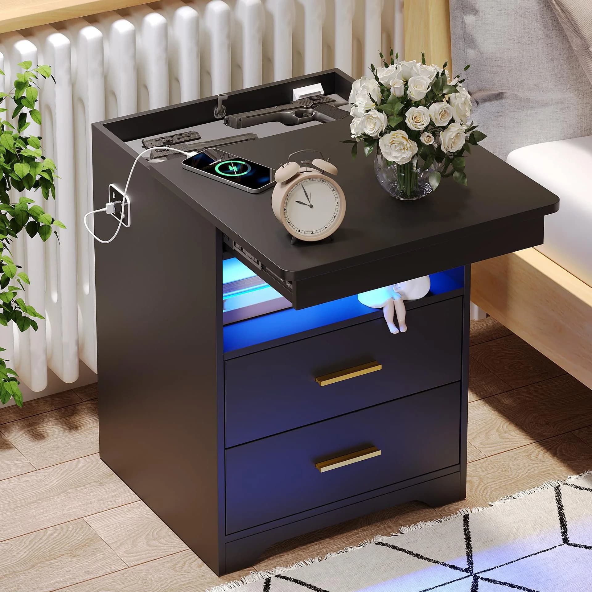 Comodino Intelligente Personalizzabile con Cassetti, Scomparto Nascosto con Serratura, Ricarica Wireless, Design con Sensore e Luci LED