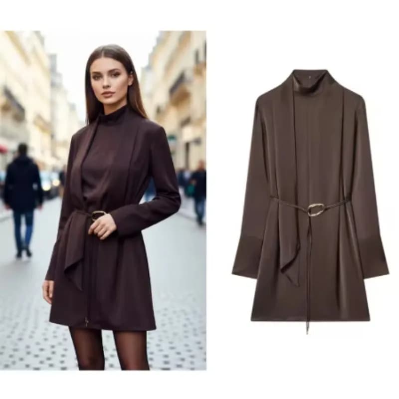 Dark Brown Mock Neck Scarf Sash Satin Mini Dress Long Sleeve Belted Waist Straight Hem Draped Women Elegant Commuter Dress260702
