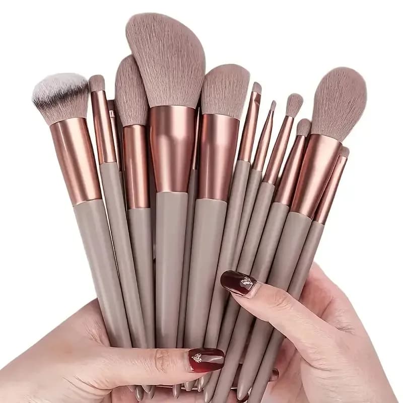 Multifunctional 13-Count Soft Fluffy Brown & Green Makeup Brush Set, Beauty Product with Resin Handles, Storage Bag, for Foundation & Eyeshadow, Ideal for Beginners, Multifunctional Makeup Brushes
