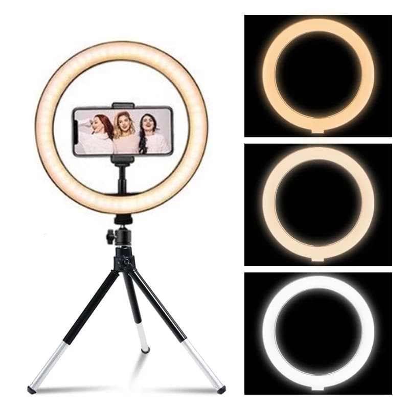 Anello luminoso per fotografia a LED 3 modalità Anello luminoso per selfie dimmerabile con treppiede e supporto per telefono per lampada di riempimento per trucco live video TikTok