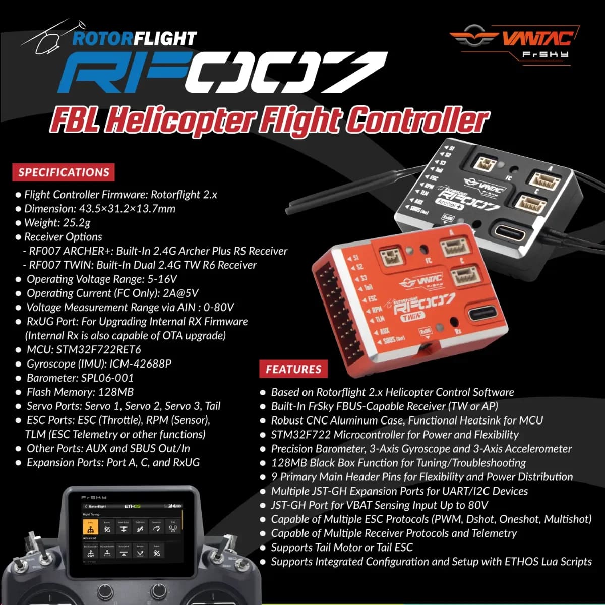 ROTORFLIGHT VANTAC FrSky RF007 Archer+/Doppio protocollo FBL Controller di volo per elicottero Ricevitore integrato