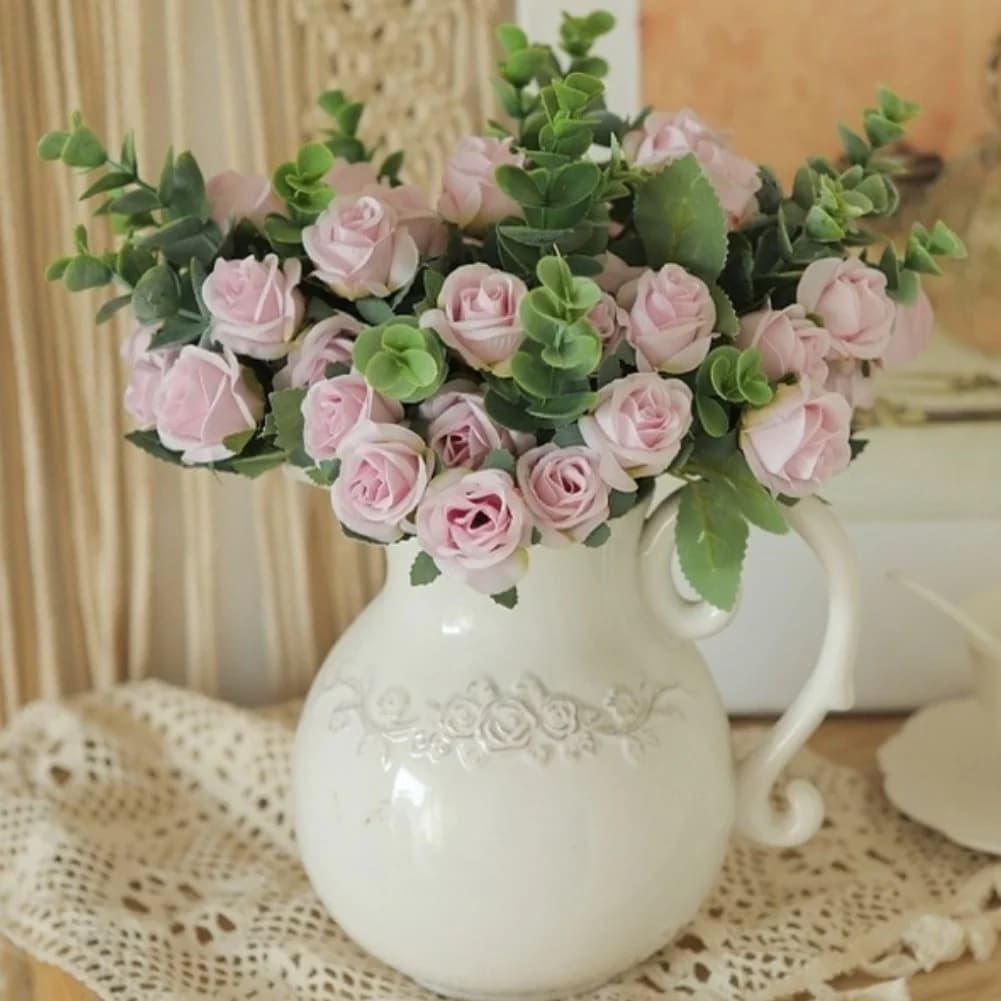 Vaso di fiori artificiali per decorazioni domestiche, giardino esterno, foglie di eucalipto natalizio, piante finte, bouquet di rose di seta per matrimoni e feste