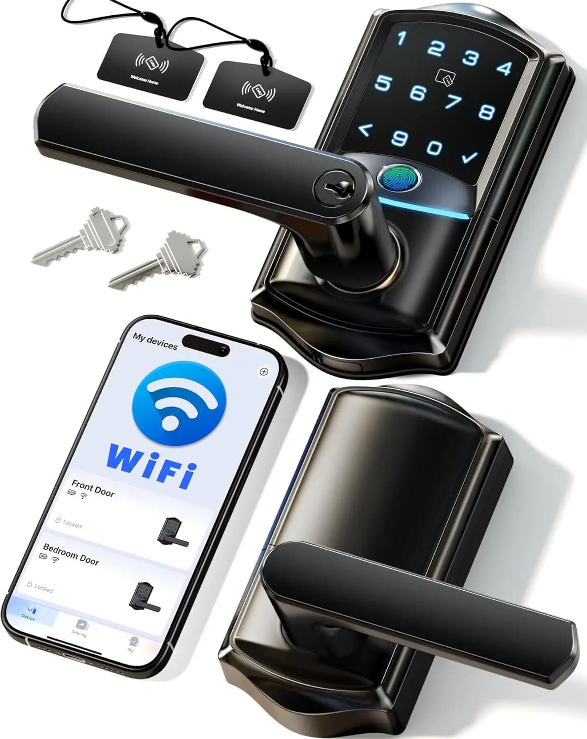 Serratura Intelligente WiFi con Impronta Digitale e Controllo App, Impermeabile IP65, Nero Opaco per Sicurezza Domestica