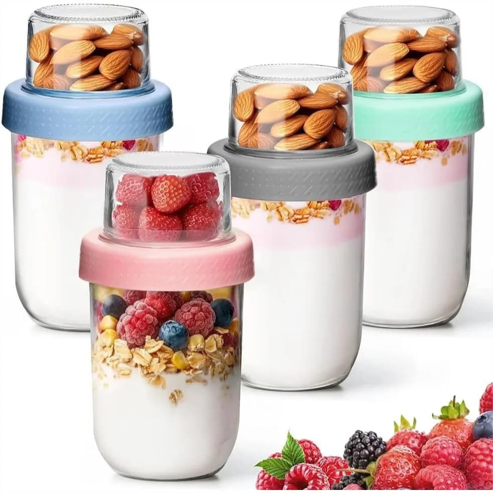 Set di 4 Bicchieri in Vetro per Yogurt con Coperchi, Contenitori Riutilizzabili da 16+4oz, Ermetici per Overnight Oats e Preparazione Pasti