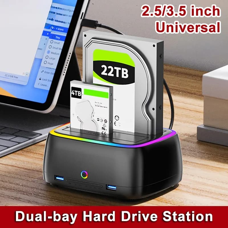 Docking Station per Copia Offline con Un Solo Clic, USB 3.0 5Gbps, Enclosure HDD a Doppio Alloggiamento, Effetti Luminosi RGB, per HDD/SSD da 2.5/3.5 Pollici