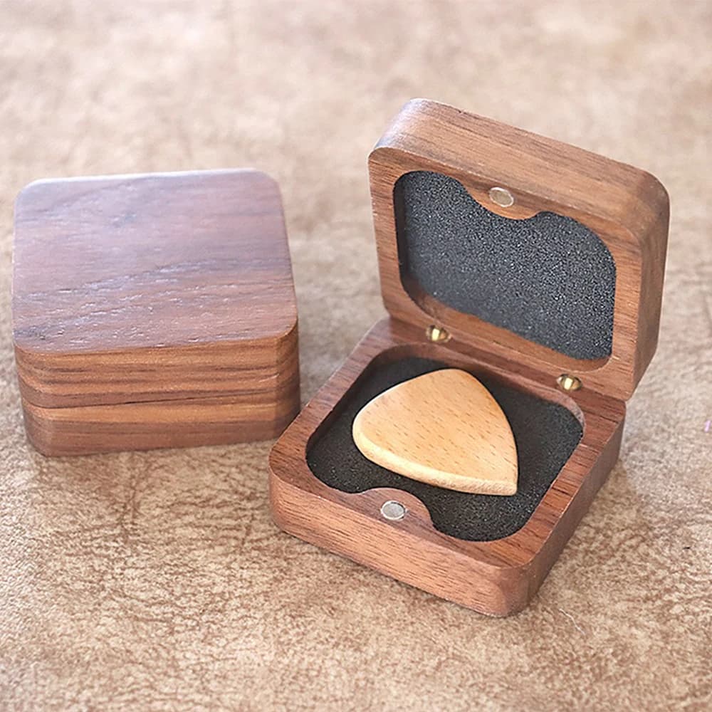 Scatola Porta Plettri per Chitarra in Legno Massello di Piccole Dimensioni, Quadrata, Contiene Più Plettri, Antipolvere, con Coperchio a Ribalta, Scatola Contenitore Retrò