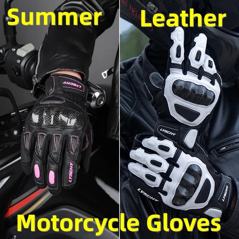 Guanti da Moto Estivi in Vera Pelle per Uomo e Donna, Traspiranti, Stile Cavaliere, Nero/Bianco
