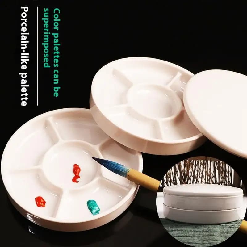 Round Imitation Porcelain Palette With Lid Multifunctional White Paint Tray Acrylic Watercolor Mixing Plate Artist Drawing Art