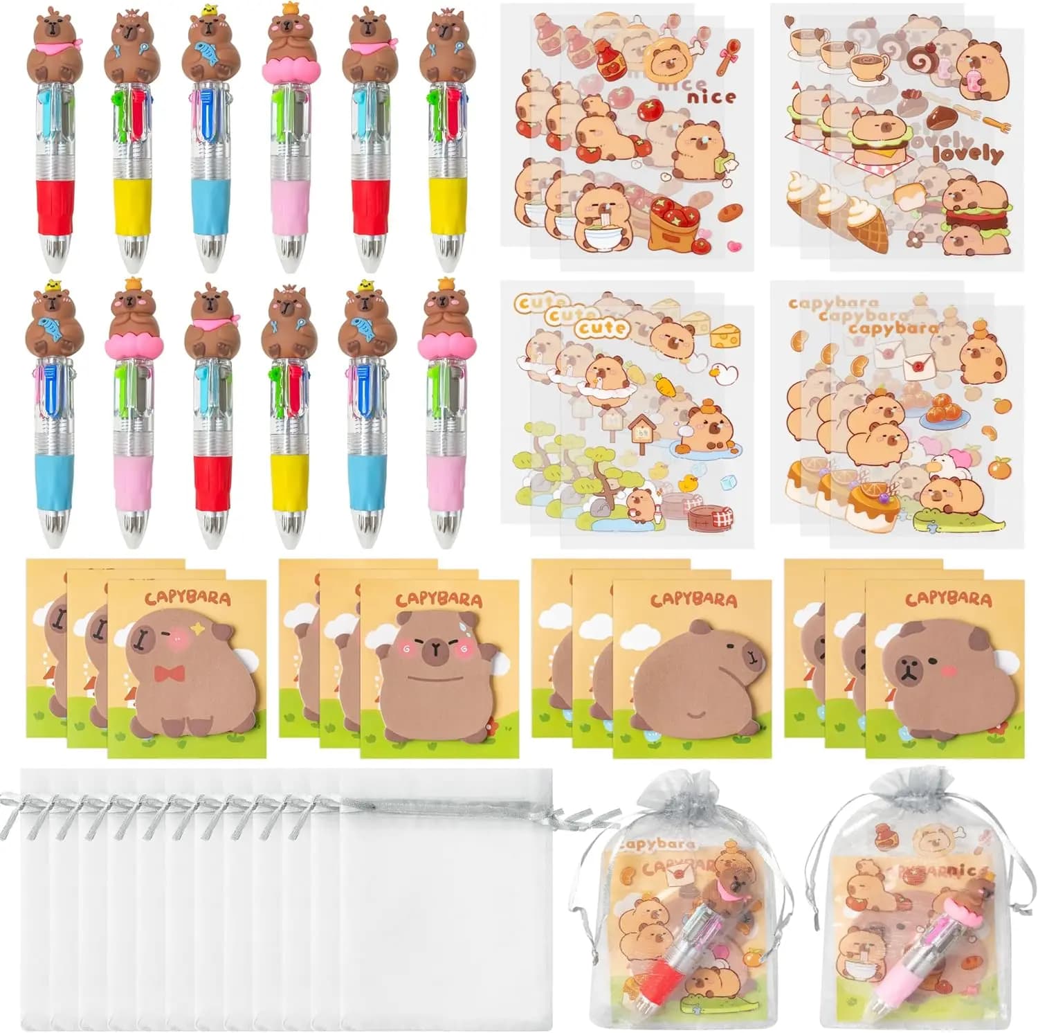 10-50Set Capybara Fun Prizes Animal Stationery Birthday Gift with 4-in-1 Ballpoint Pens Sticky Note Sticker and Organza Bags