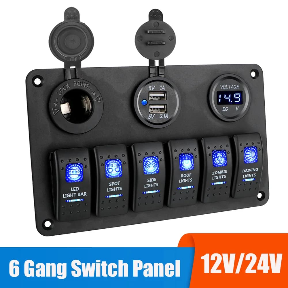 24V 12V Pannello interruttori 6 pulsanti per auto Marine Barca Luce Toggle LED Voltmetro digitale Test Caricabatterie USB Adattatore di alimentazione Impermeabile