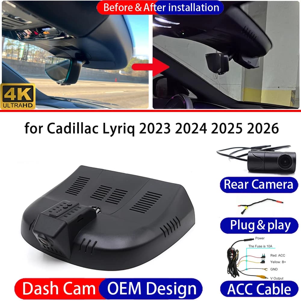 Dash Cam for Cadillac Lyriq 2023-2026 Front＆Rear 4K UHD DVR Dashboard Camera Video Drive Recorder Night Vision Parking Mode