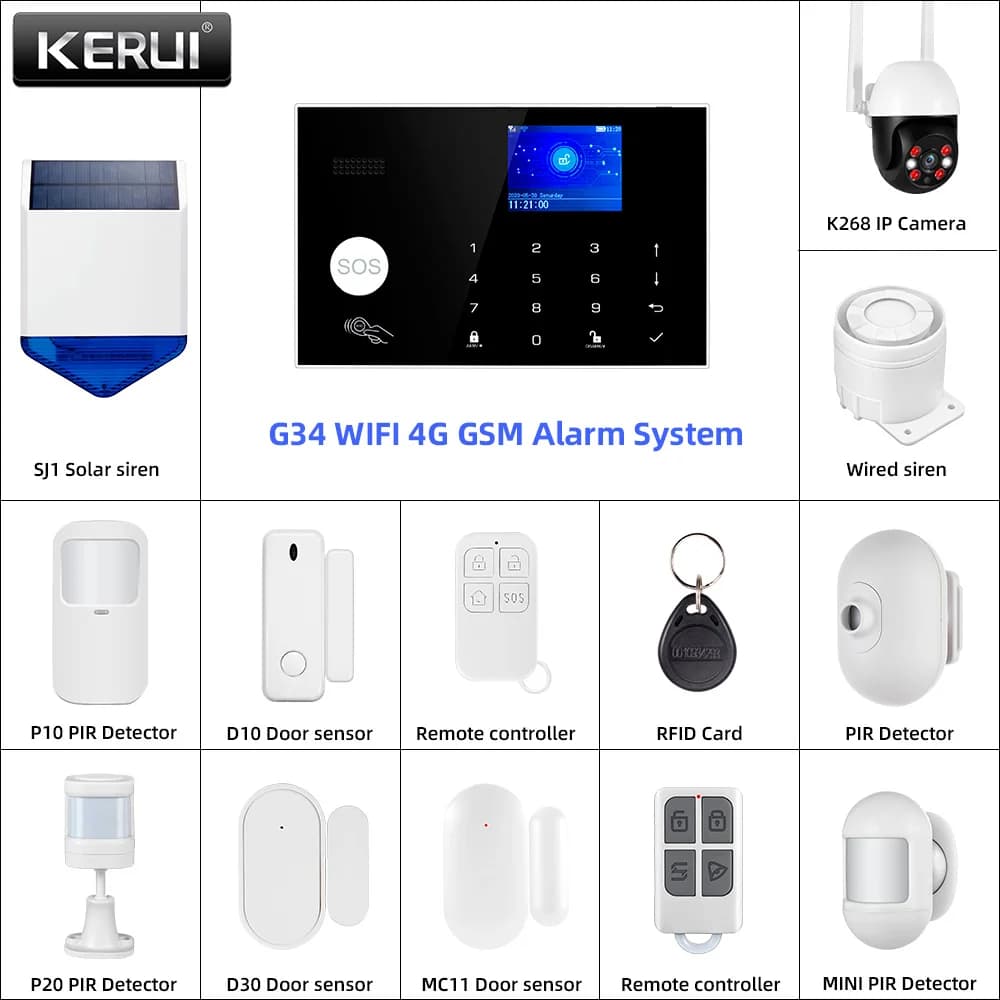 KERUI G34 Pannello sistema di allarme WIFI 4G con kit allarme fai da te per temperatura e umidità per la sicurezza domestica Sensore di movimento APP Smart Life