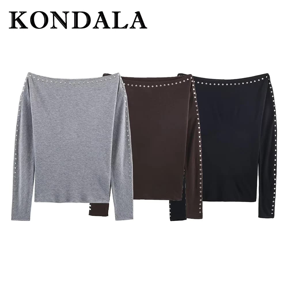 KONDALA Chic Elegant Solid Grey Women T-shirt Streetwear Rivet Fashion 2025 Autumn Long Sleeve Cool Modern Casual Female Top