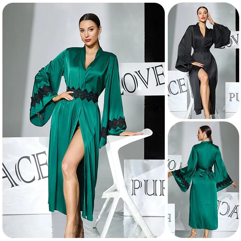 Elegante Vestaglia Lunga in Raso con Inserti in Pizzo e Cintura, Sexy Abbigliamento da Notte, Comodo Abito da Casa
