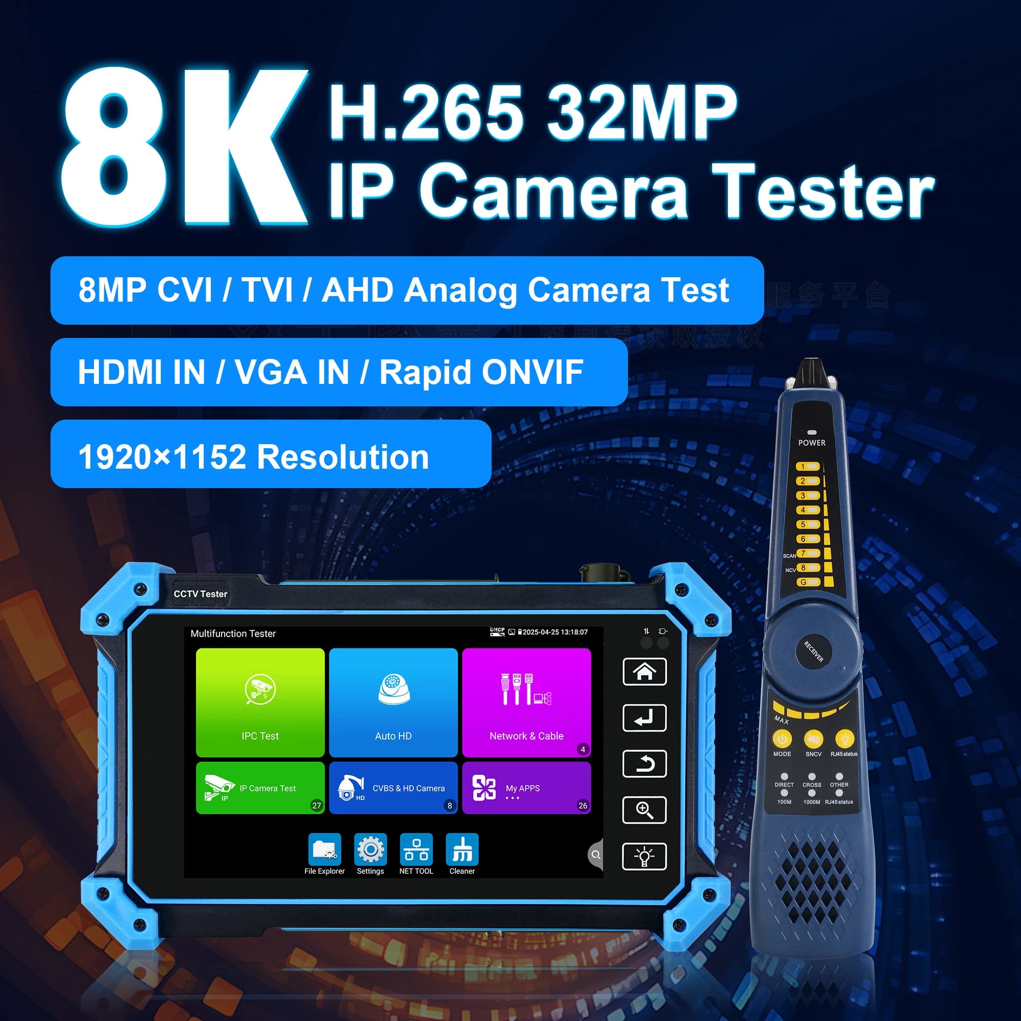 WANGLU 5.4\" IPC-5100C Plus Tester per Telecamere IP 8K H.265, 8MP CVI TVI AHD CVBS HDMI VGA IN, Tracciatore di Cavi, Alimentazione PoE in un Unico Tester CCTV